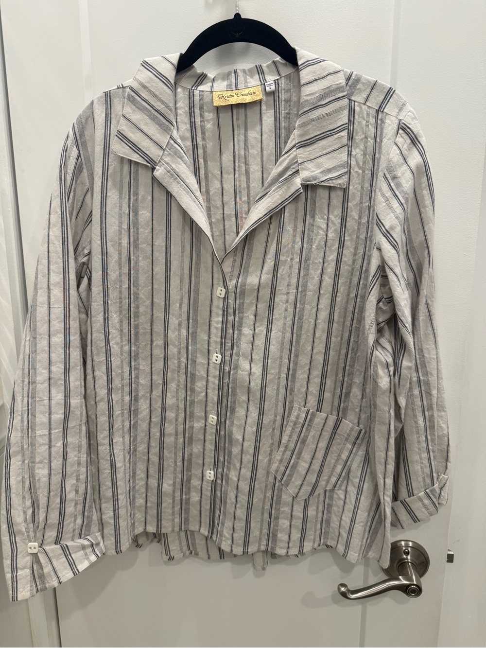 Relaxed Striped Button-Front Blouse — Cream and navy stripes